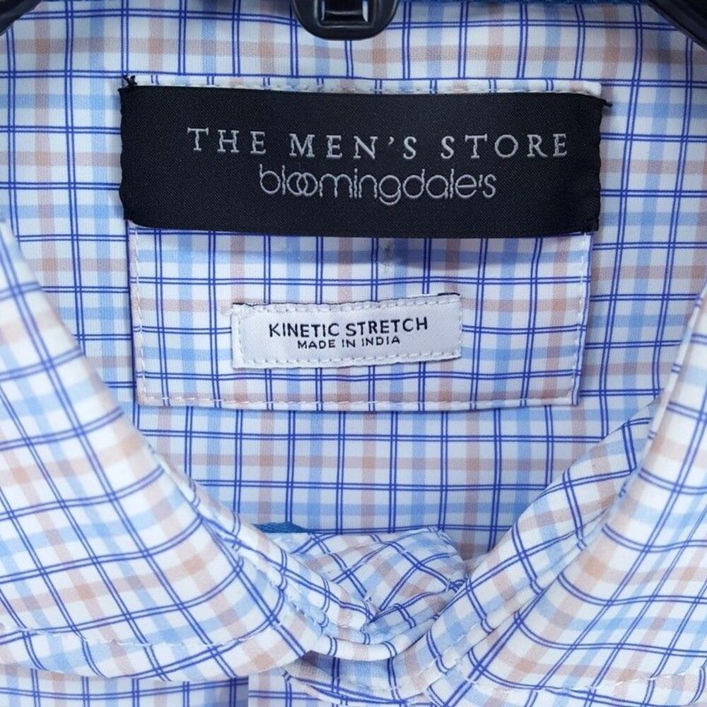 BLOOMINGDALES Dress Shirt Mens Large Blue Check Performance Kinetic Stretch
